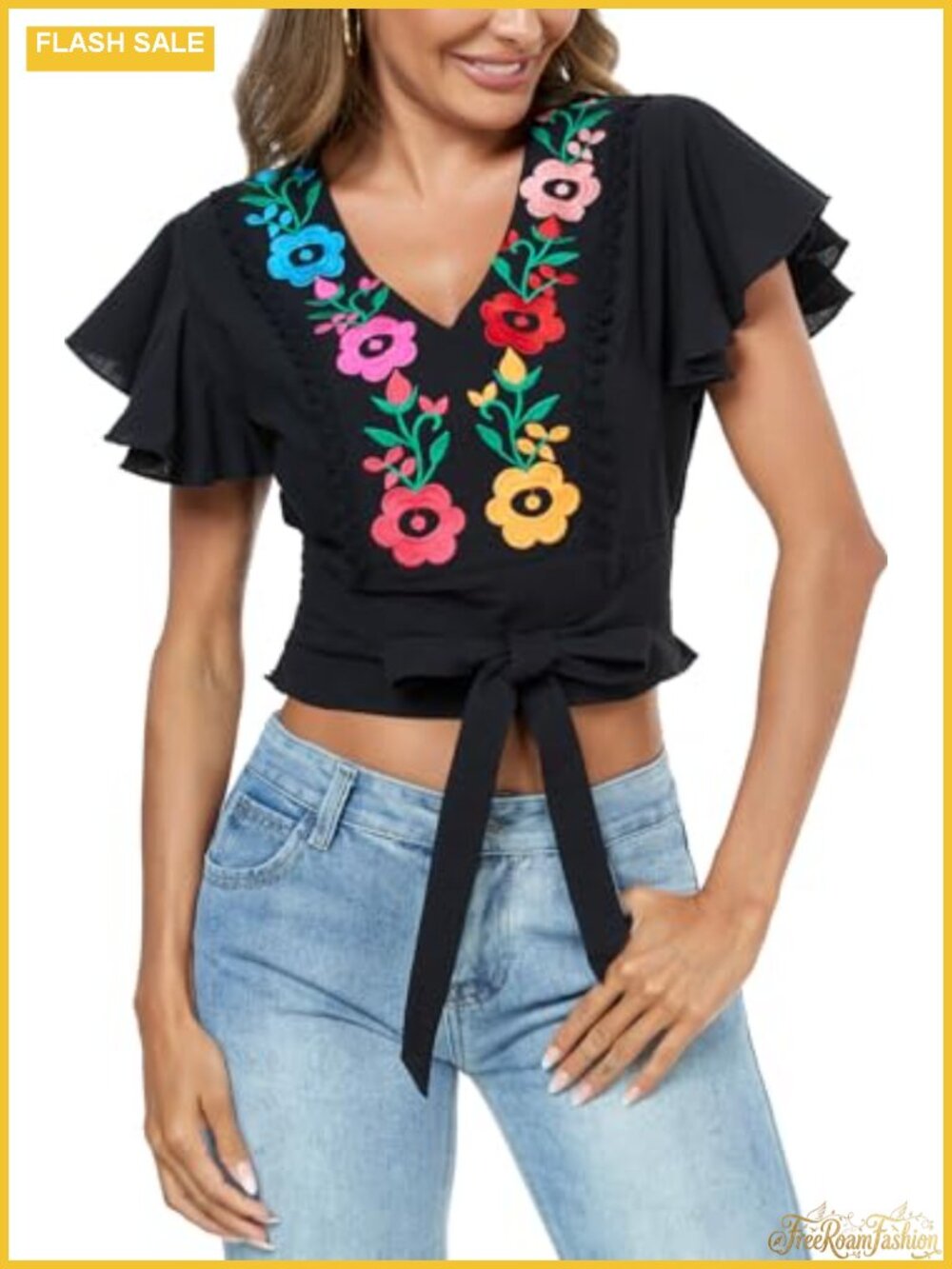 Women's V-Neck Tie Front Crop Top Ruffle Sleeve Boho Embroidered Blouse Cotton